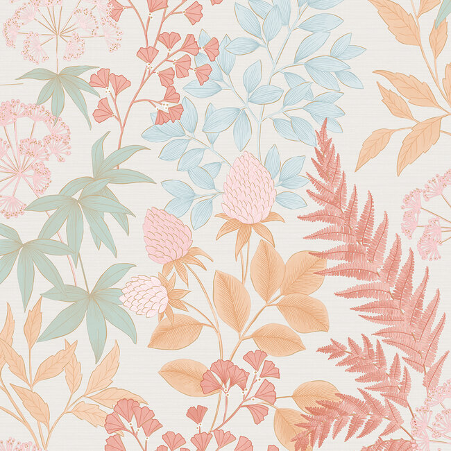 Dutch Wallcoverings Dutch Wallcoverings - Flora- bladeren wit/roze/blauw - M871-10 - Vliesbehang - 53cm x 10m