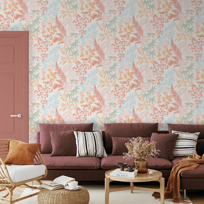 Dutch Wallcoverings Dutch Wallcoverings - Flora- bladeren wit/roze/blauw - M871-10 - Vliesbehang - 53cm x 10m