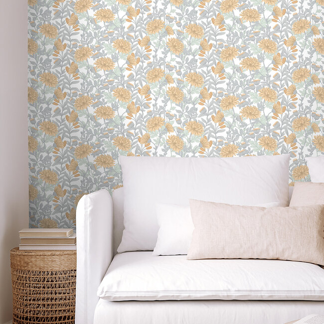 Dutch Wallcoverings Dutch Wallcoverings - Flora- bloem wit/groen/oker (M882-02) - Vlies behang - Nonem x Nonecm