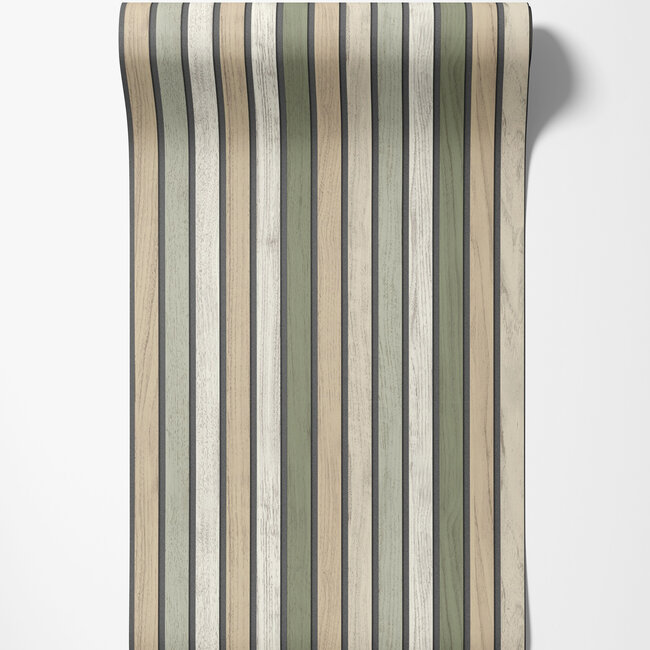 Dutch Wallcoverings Dutch Wallcoverings - Illusion- houten plankjes beige/groen - Vliesbehang - 10m x 53cm - B312-04