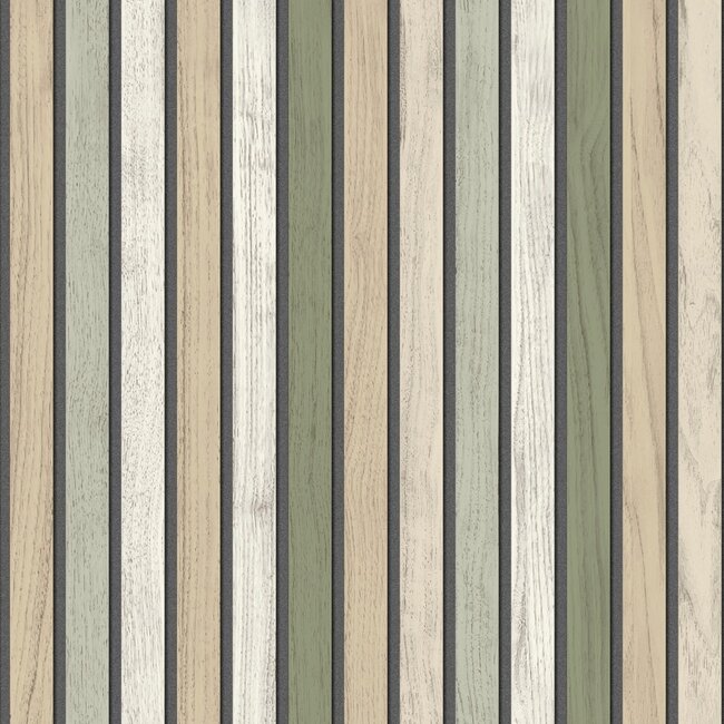 Dutch Wallcoverings Dutch Wallcoverings - Illusion- houten plankjes beige/groen - Vliesbehang - 10m x 53cm - B312-04