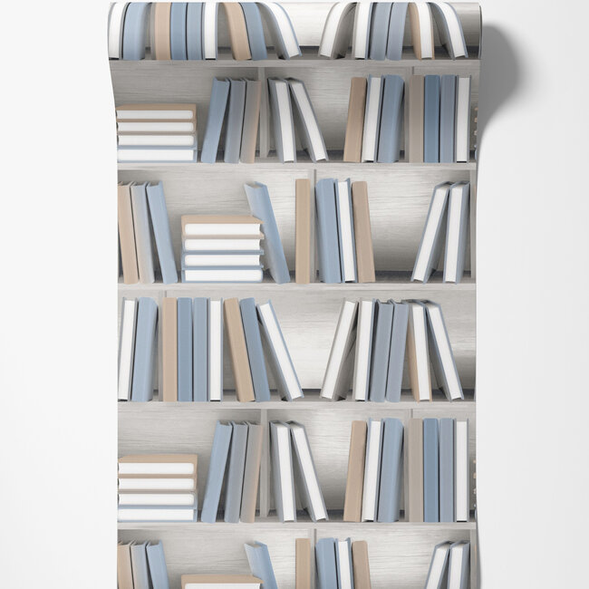 Dutch Wallcoverings Dutch Wallcoverings - Illusion- boekenplank beige/blauw - Vliesbehang - 10m x 53cm - L154-01
