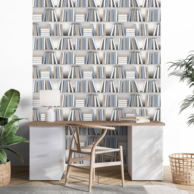 Dutch Wallcoverings Dutch Wallcoverings - Illusion- boekenplank beige/blauw - Vliesbehang - 10m x 53cm - L154-01