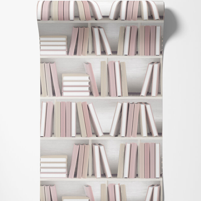 Dutch Wallcoverings Dutch Wallcoverings - Illusion- boekenplank beige/roze - Vliesbehang - 10m x 53cm - L154-03