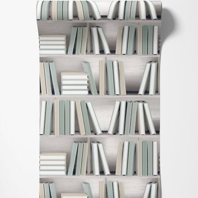 Dutch Wallcoverings Dutch Wallcoverings - Illusion- boekenplank beige/groen - Vliesbehang - 10m x 53cm - L154-04