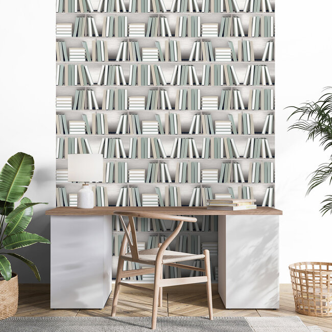 Dutch Wallcoverings Dutch Wallcoverings - Illusion- boekenplank beige/groen - Vliesbehang - 10m x 53cm - L154-04