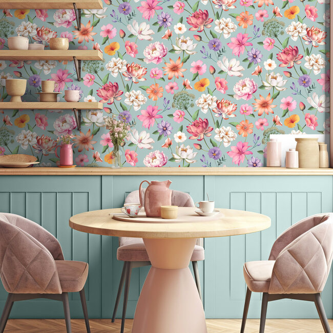 Dutch Wallcoverings Dutch Wallcoverings - Illusion- bloemen blauw/roze - Vliesbehang - 10m x 53cm - M888-01