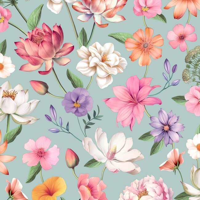 Dutch Wallcoverings Dutch Wallcoverings - Illusion- bloemen blauw/roze - Vliesbehang - 10m x 53cm - M888-01