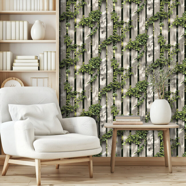 Dutch Wallcoverings Dutch Wallcoverings - Illusion- hout/klimop beige/groen - Vliesbehang - 10m x 53cm - M889-07
