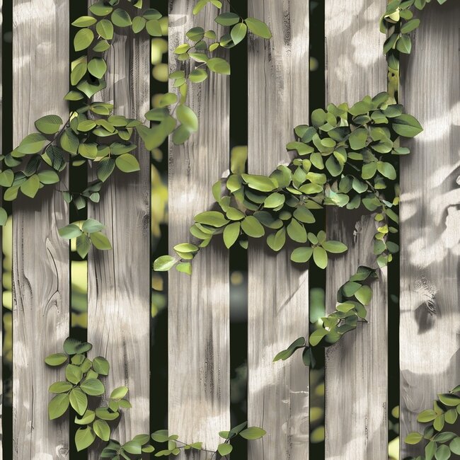 Dutch Wallcoverings Dutch Wallcoverings - Illusion- hout/klimop beige/groen - Vliesbehang - 10m x 53cm - M889-07