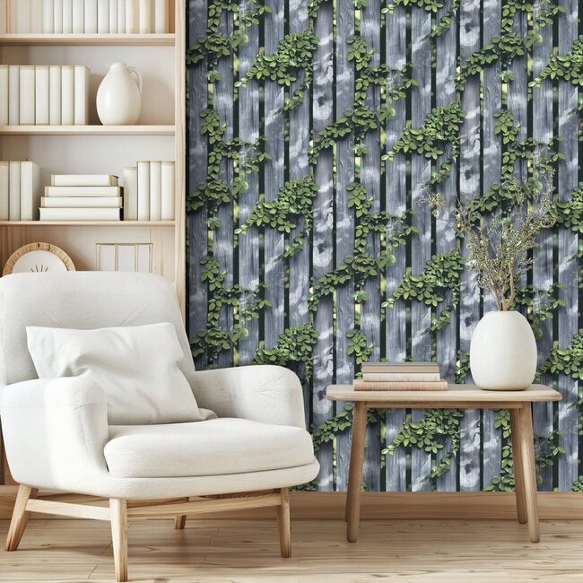 Dutch Wallcoverings Dutch Wallcoverings - Illusion- hout/klimop blauw/groen - Vliesbehang - 10m x 53cm - M889-09