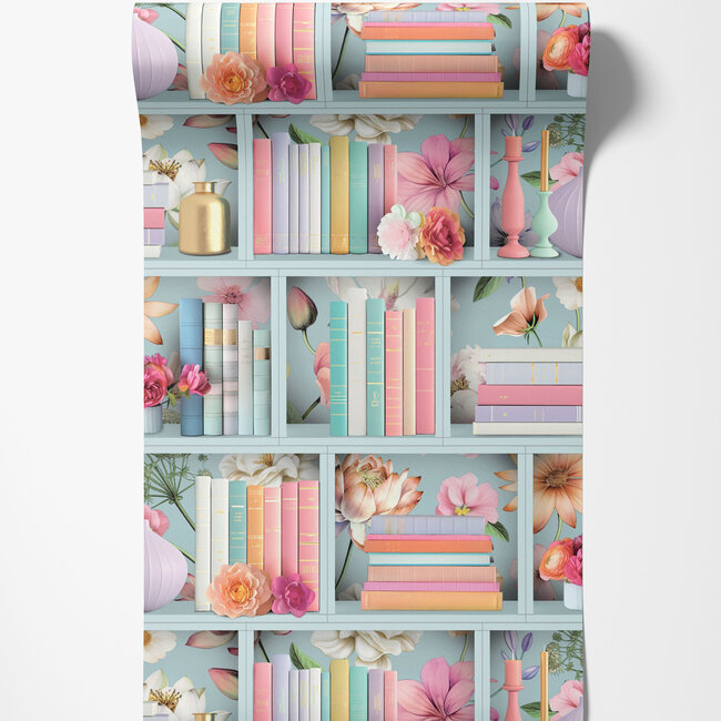 Dutch Wallcoverings Dutch Wallcoverings - Illusion- boekenplank blauw/multi - Vliesbehang - 10m x 53cm - M890-01