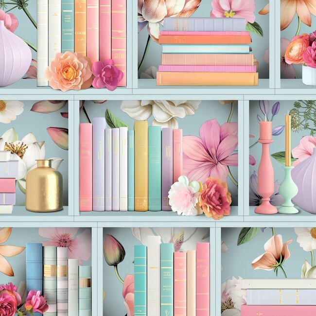 Dutch Wallcoverings Dutch Wallcoverings - Illusion- boekenplank blauw/multi - Vliesbehang - 10m x 53cm - M890-01