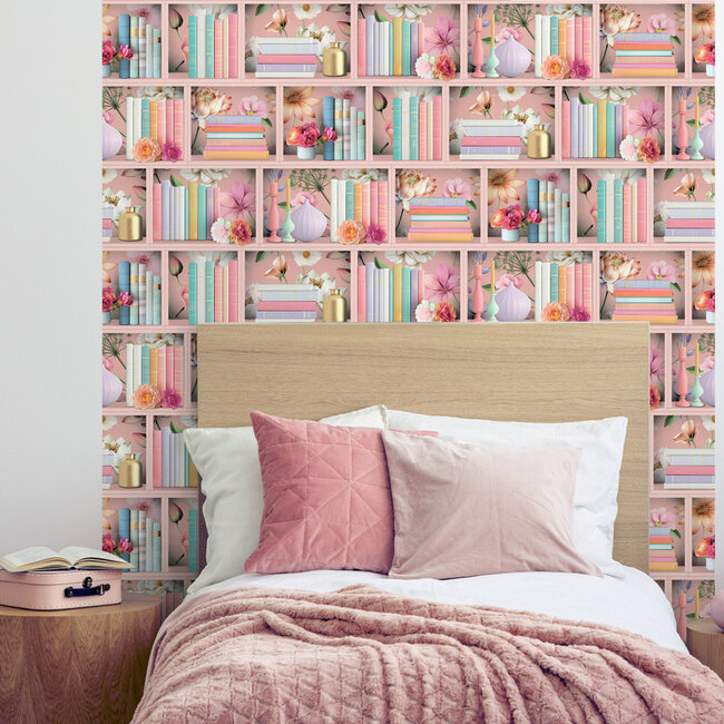 Dutch Wallcoverings Dutch Wallcoverings - Illusion- boekenplank roze/multi - Vliesbehang - 10m x 53cm - M890-03