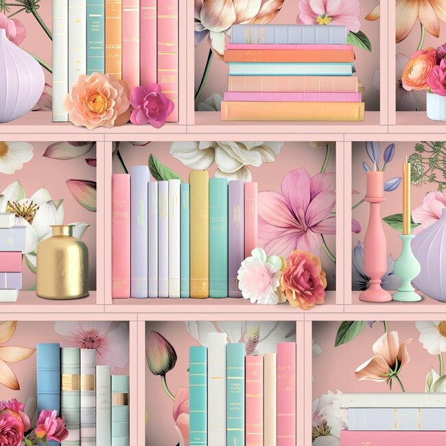Dutch Wallcoverings Dutch Wallcoverings - Illusion- boekenplank roze/multi - Vliesbehang - 10m x 53cm - M890-03