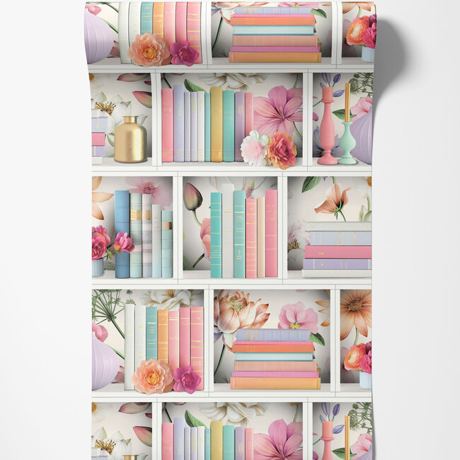 Dutch Wallcoverings Dutch Wallcoverings - Illusion- boekenplank wit/multi - Vliesbehang - 10m x 53cm - M890-10