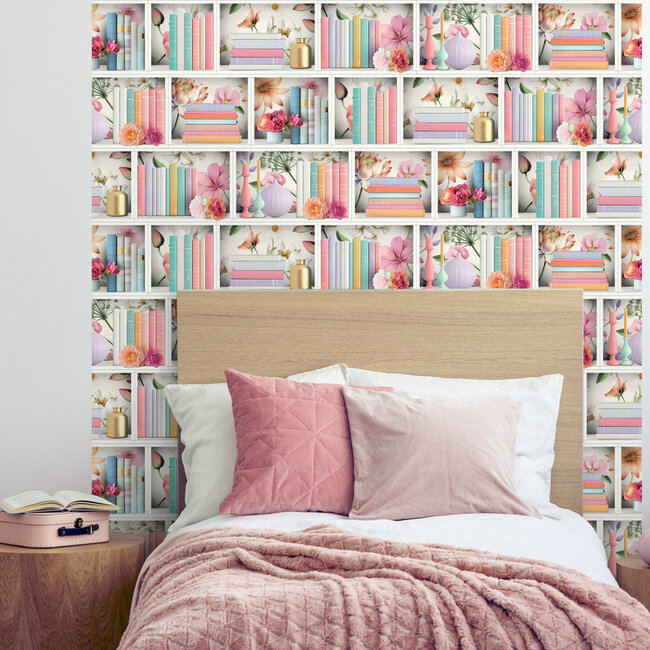 Dutch Wallcoverings Dutch Wallcoverings - Illusion- boekenplank wit/multi - Vliesbehang - 10m x 53cm - M890-10