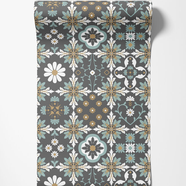 Dutch Wallcoverings Dutch Wallcoverings - Illusion- tegels zwart/groen/oker - Vliesbehang - 10m x 53cm - M894-09