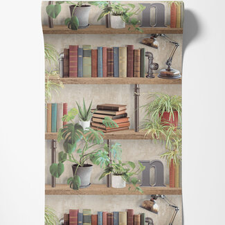 Dutch Wallcoverings Dutch Wallcoverings - Illusion- boekenplank beige/groen - M896-08 Dutch Wallcoverings Dutch Wallcoverings - Illusion- boekenplank beige/groen - M896-08