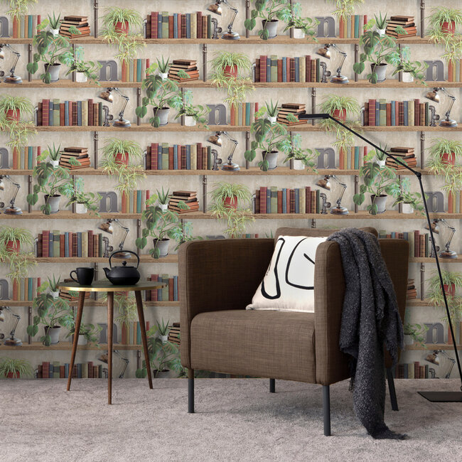 Dutch Wallcoverings Dutch Wallcoverings - Illusion- boekenplank beige/groen - Vliesbehang - 10m x 53cm - M896-08