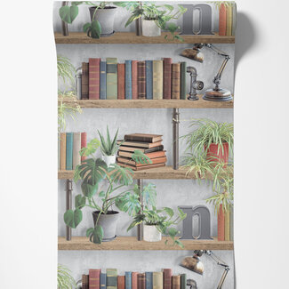 Dutch Wallcoverings Dutch Wallcoverings - Illusion- boekenplank grijs/groen - M896-09 Dutch Wallcoverings Dutch Wallcoverings - Illusion- boekenplank grijs/groen - M896-09