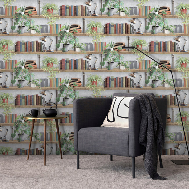 Dutch Wallcoverings Dutch Wallcoverings - Illusion- boekenplank grijs/groen - Vliesbehang - 10m x 53cm - M896-09