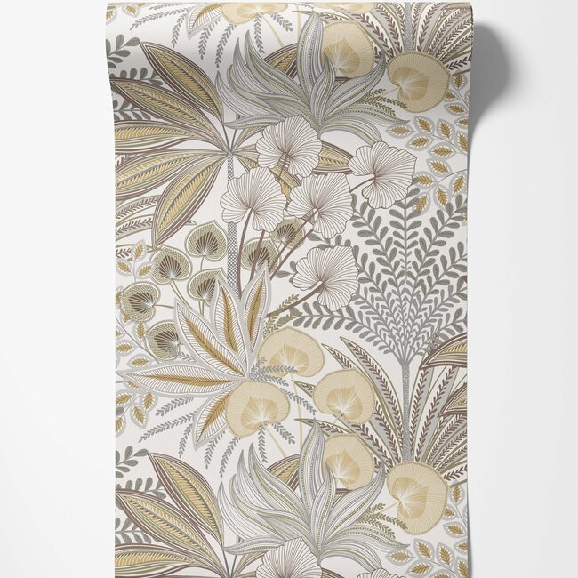 Dutch Wallcoverings Dutch Wallcoverings - Karuna- Jody wit/beige/groen - Vliesbehang - 10m x 53cm - A69002