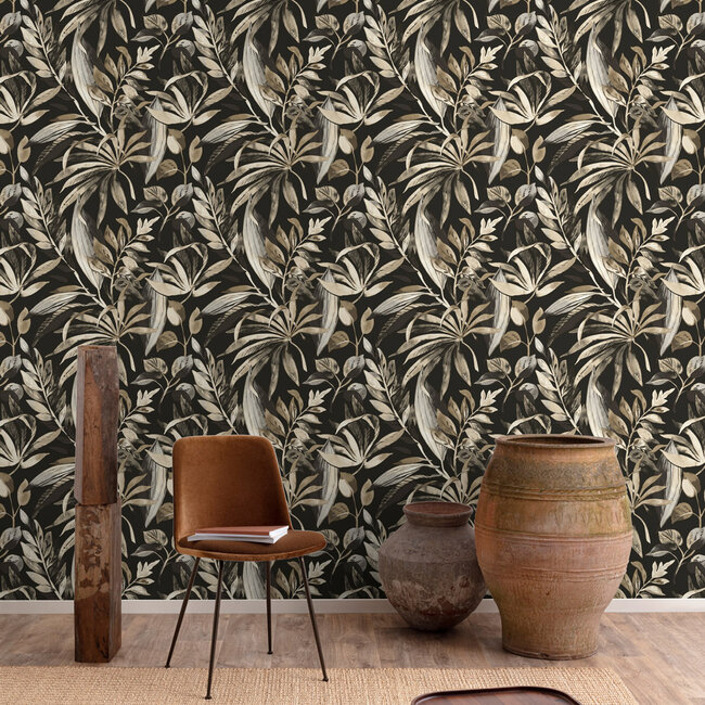 Dutch Wallcoverings Dutch Wallcoverings - Karuna- Inky Palms zwart/beige - Vliesbehang - 10m x 53cm - A71203