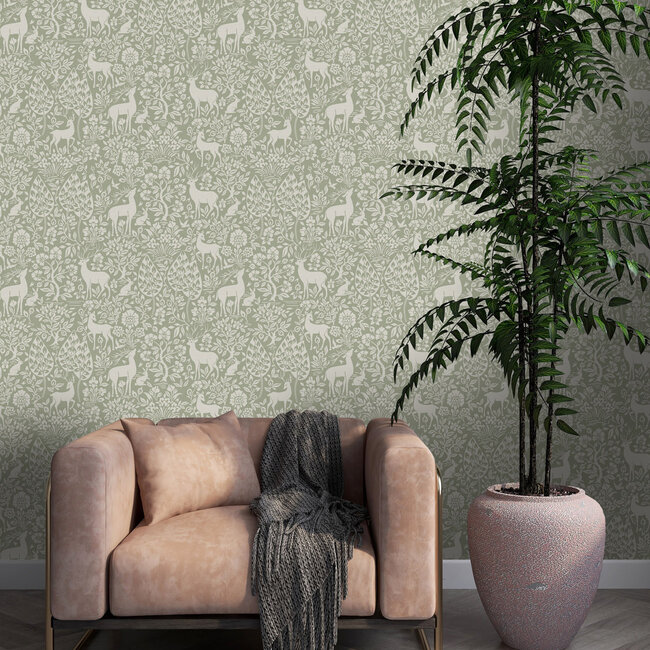 Dutch Wallcoverings Dutch Wallcoverings - Imaginarium 3 - Deer Woods Sage - Papierbehang - 10m x 53cm - 14160