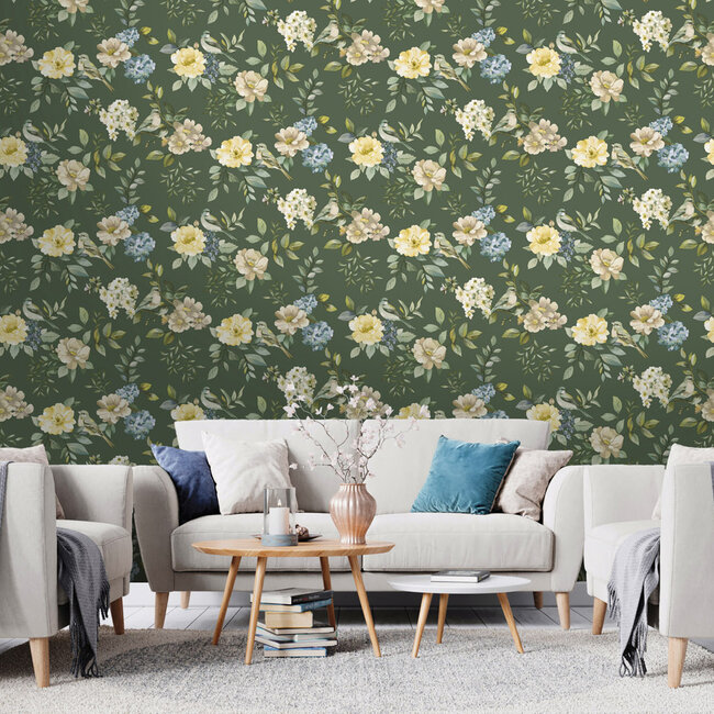 Dutch Wallcoverings Dutch Wallcoverings - Imaginarium 3 - The Bird Garden Green - Papierbehang - 10m x 53cm - 14191