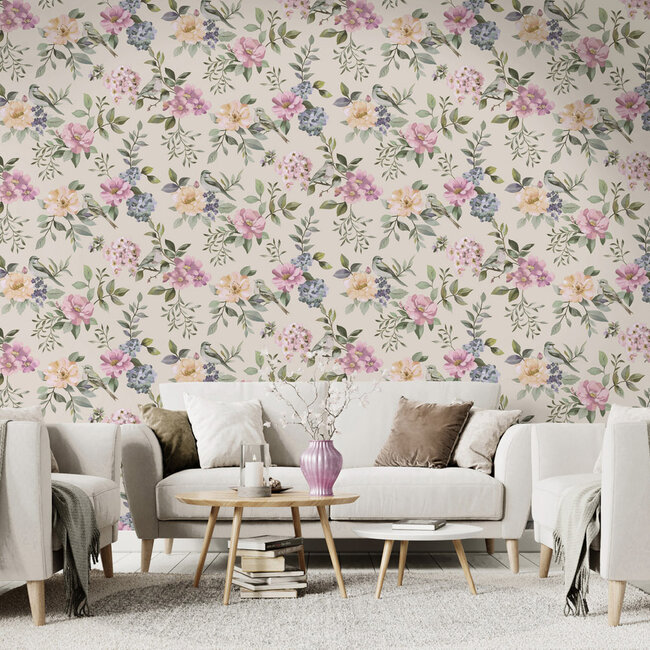 Dutch Wallcoverings Dutch Wallcoverings - Imaginarium 3 - The Bird Garden Beige/Multi - Papierbehang - 10m x 53cm - 14192