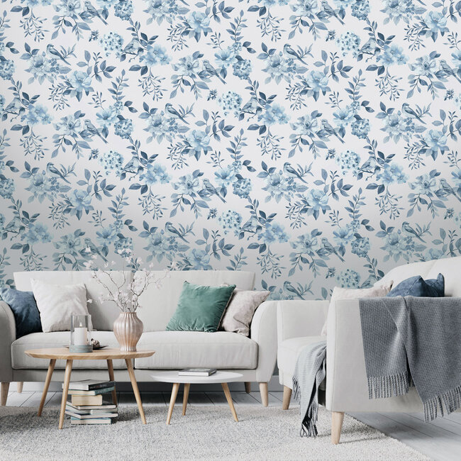 Dutch Wallcoverings Dutch Wallcoverings - Imaginarium 3 - The Bird Garden Blue - Papierbehang - 10m x 53cm - 14193