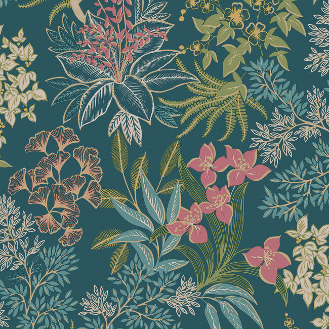Dutch Wallcoverings Dutch Wallcoverings - Imaginarium 3 - Full Bloom Teal - Papierbehang - 10m x 53cm - 14220