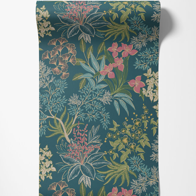 Dutch Wallcoverings Dutch Wallcoverings - Imaginarium 3 - Full Bloom Teal - Papierbehang - 10m x 53cm - 14220