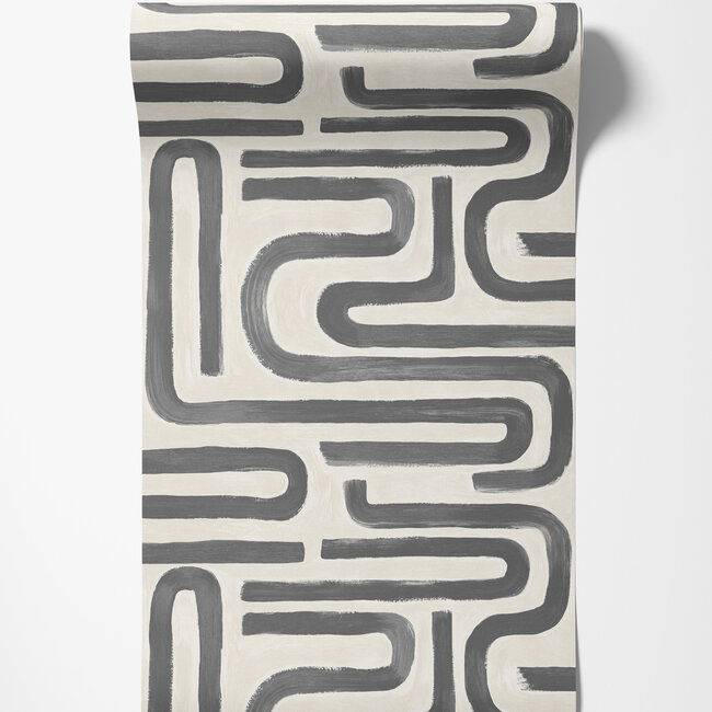 Dutch Wallcoverings Dutch Wallcoverings - Imaginarium 3 - Brushed Geo Charcoal Cream - Papierbehang - 10m x 53cm - 14233