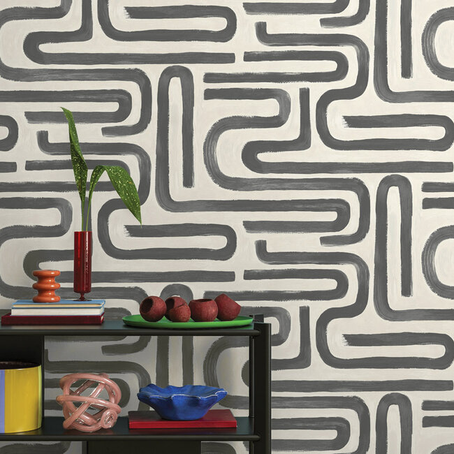Dutch Wallcoverings Dutch Wallcoverings - Imaginarium 3 - Brushed Geo Charcoal Cream - Papierbehang - 10m x 53cm - 14233