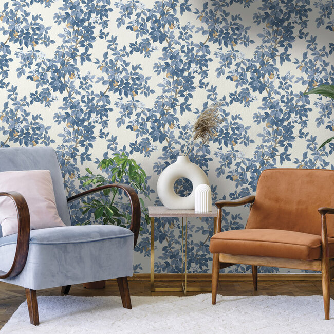 Dutch Wallcoverings Dutch Wallcoverings - Imaginarium 3 - Orange Tree Blue White - Papierbehang - 10m x 53cm - 14242
