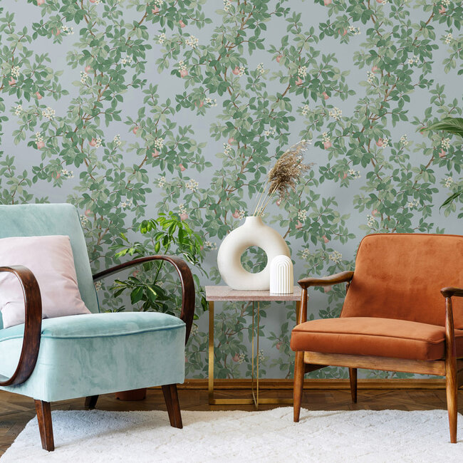 Dutch Wallcoverings Dutch Wallcoverings - Imaginarium 3 - Orange Tree Sky Blue - Papierbehang - 10m x 53cm - 14243