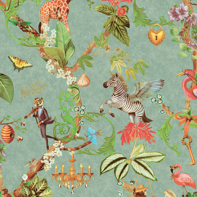 Dutch Wallcoverings Dutch Wallcoverings - Imaginarium 3 - Safari Symphony Soft Teal - Papierbehang - 10m x 53cm - 14262