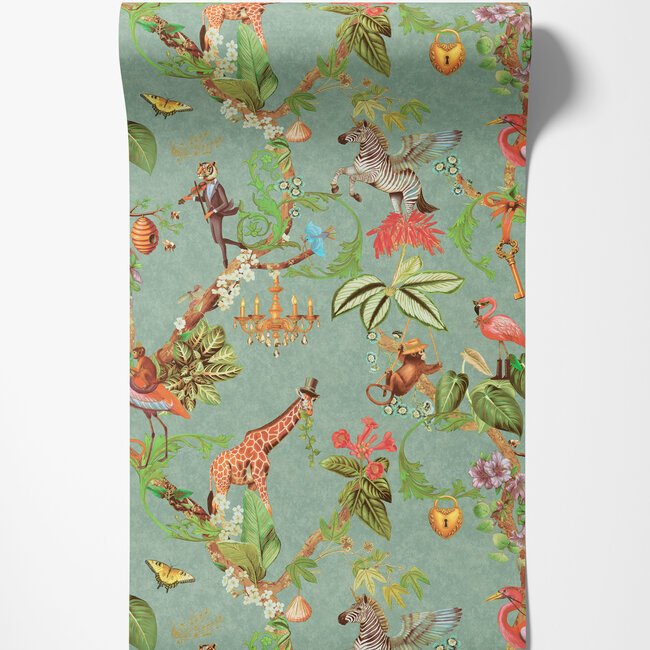 Dutch Wallcoverings Dutch Wallcoverings - Imaginarium 3 - Safari Symphony Soft Teal - Papierbehang - 10m x 53cm - 14262