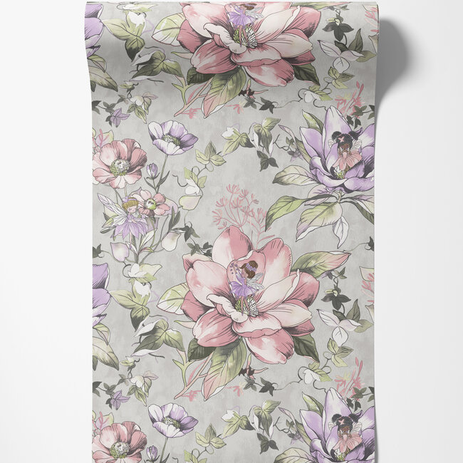 Dutch Wallcoverings Dutch Wallcoverings - Dream Catcher- Floral Fairies Grey - Papierbehang - 10m x 53cm - 13212