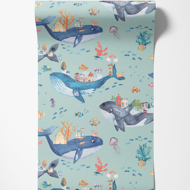 Dutch Wallcoverings Dutch Wallcoverings - Dream Catcher- Whale Town Teal - Papierbehang - 10m x 53cm - 13221