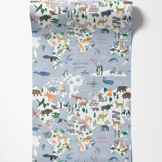 Dutch Wallcoverings Dutch Wallcoverings - Dream Catcher- Animal Maps Blue - Papierbehang - 10m x 53cm - 13250