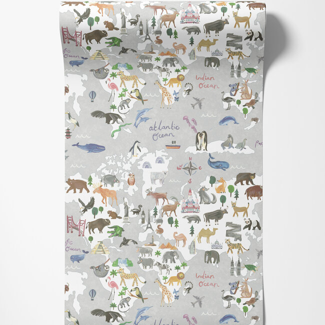 Dutch Wallcoverings Dutch Wallcoverings - Dream Catcher- Animal Maps Grey - Papierbehang - 10m x 53cm - 13252