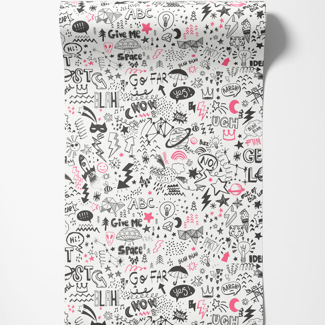 Dutch Wallcoverings Dutch Wallcoverings - Dream Catcher- Doodle White/Pink - Papierbehang - 10m x 53cm - 13340