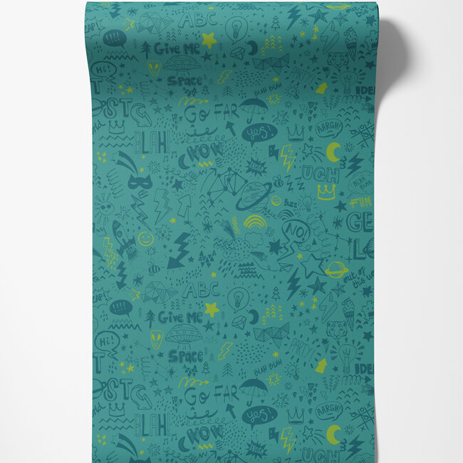 Dutch Wallcoverings Dutch Wallcoverings - Dream Catcher- Doodle Teal/Yellow - Papierbehang - 10m x 53cm - 13341
