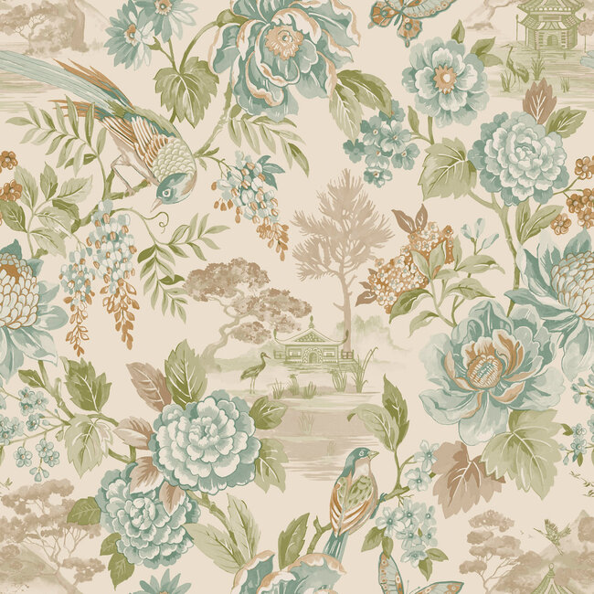 Dutch Wallcoverings Dutch Wallcoverings - FC Journey to the East - Hana Teal/Orange - Vliesbehang - 10m x 53cm - 91831