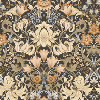 Dutch Wallcoverings Dutch Wallcoverings - FC Tales of the Manor - Fleurmont Charcoal/Orange - 91900