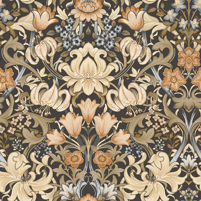 Dutch Wallcoverings Dutch Wallcoverings - FC Tales of the Manor - Fleurmont Charcoal/Orange - Vliesbehang - 10m x 53cm - 91900