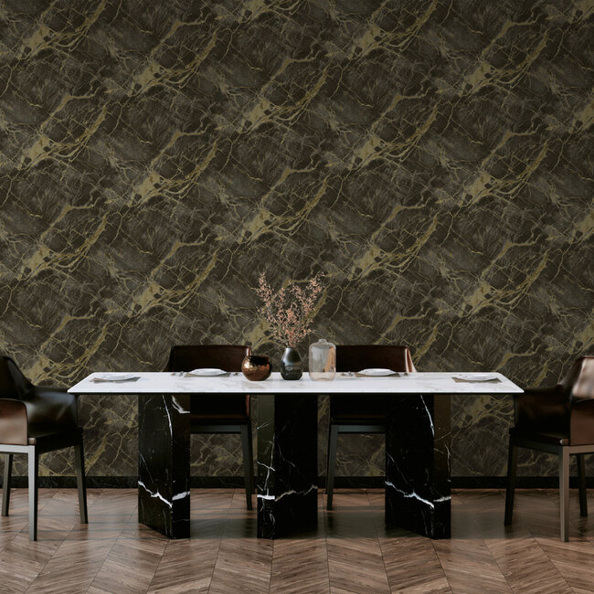 Dutch Wallcoverings Dutch Wallcoverings - FC Arabesque- Portoro Marble Ch/Gld - Vliesbehang - 10m x 53cm - 36280